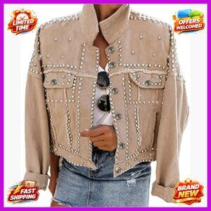 Long Sleeve Studded Denim Jacket Loose Fit Western Style Button Closure